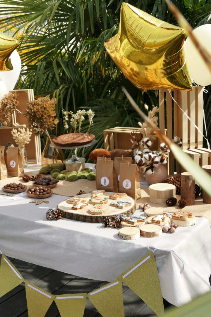 goûter thème forêt avec décoration mousse, bois, champignons et fleurs séchées - sablés décorés animaux, chocolats, gâteau - par Studio Candy