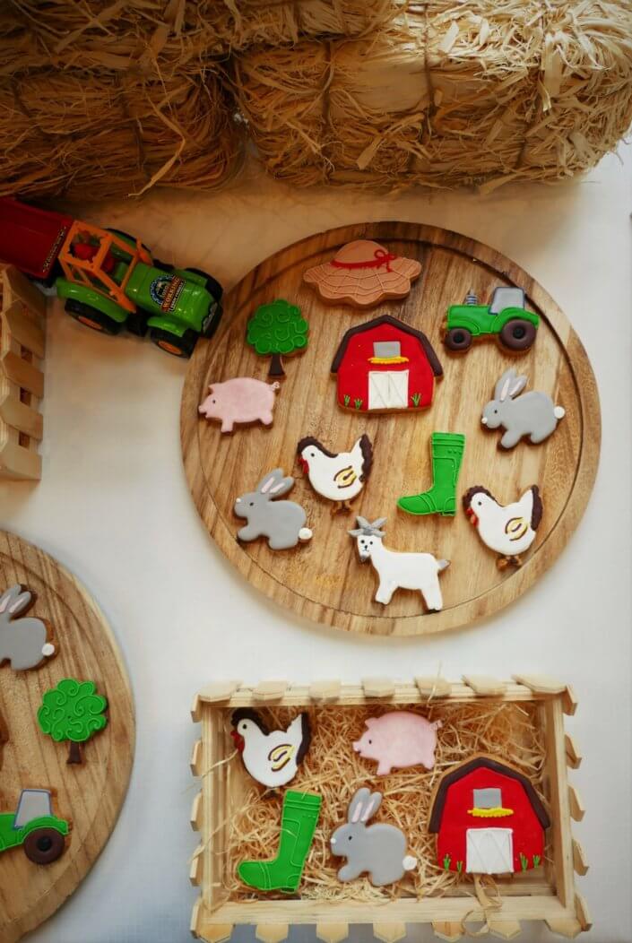 Goûter thème campagne/ferme avec des sablés décorés animaux comme des poules, des lapins, chèvres, cochons et biensur une ferme, un tracteur, des bottes