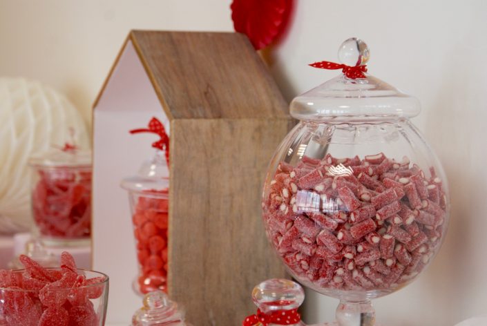 Candy Bar rouge et blanc - Bonbonnière géante de mini câbles rouges