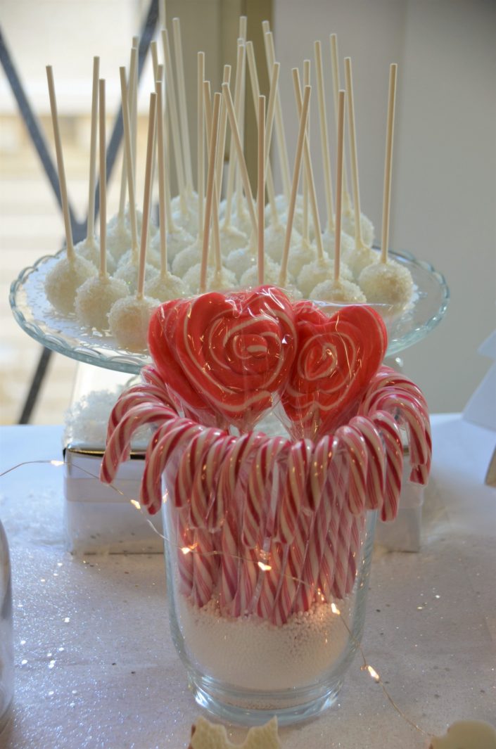 Noël chez Estée Lauder par Studio Candy - cannes en sucre d'orge et sucettes rouges et cake pops blancs