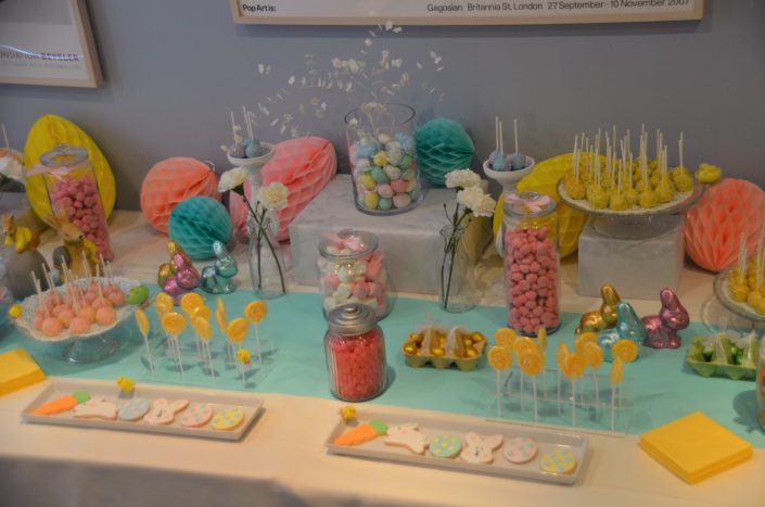Table de Pâques réalisée par Studio Candy pour pour Estée Lauder - décoration pastel, bonbons roses, sucettes vintage jaunes, sablés décorés et cake pops