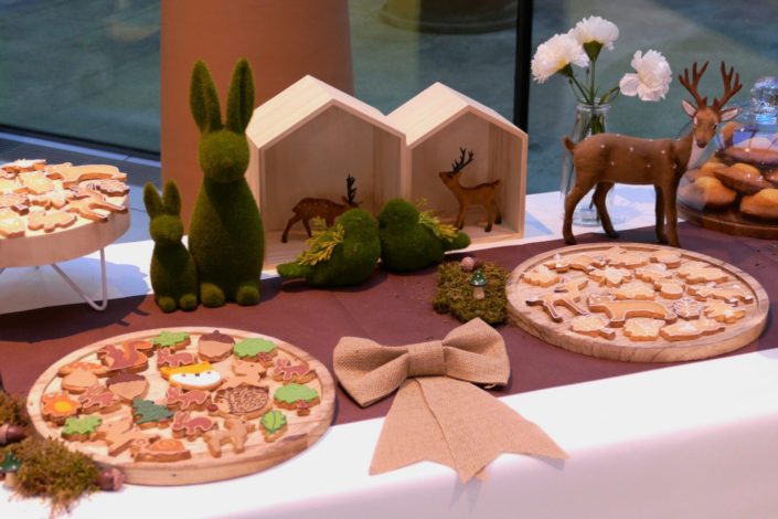 Petit déjeuner nature thème forêt pour Center Parcs par Studio Candy - sablés décorés, cakepops, madeleines, décoration lapins,biche, ours, mousse et champignons.