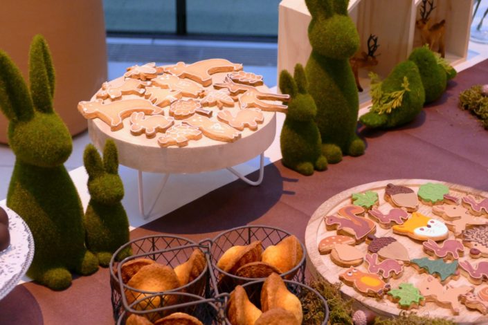 Petit déjeuner nature thème forêt pour Center Parcs par Studio Candy - sablés décorés, cakepops, madeleines, décoration lapins,biche, ours, mousse et champignons.