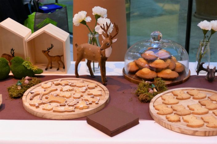 Petit déjeuner nature thème forêt pour Center Parcs par Studio Candy - sablés décorés, cakepops, madeleines, décoration lapins,biche, ours, mousse et champignons.