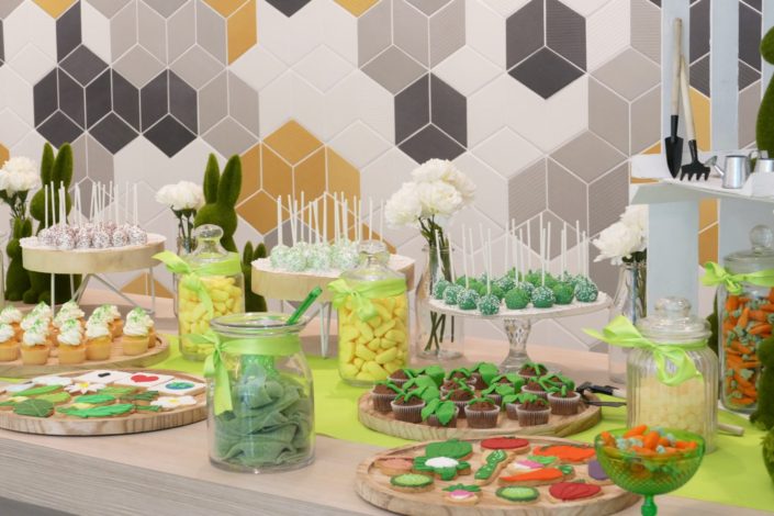 Sweet table - Candy bar - bar a bonbons et patisseries par Studio Candy pour l'Oréal sur le thème développement durable - cupcakes plantes, cake pops verts, sablés décorés personnalisés