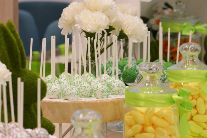 Sweet table - Candy bar - bar a bonbons et patisseries par Studio Candy pour l'Oréal sur le thème développement durable - cupcakes plantes, cake pops verts, sablés décorés personnalisés