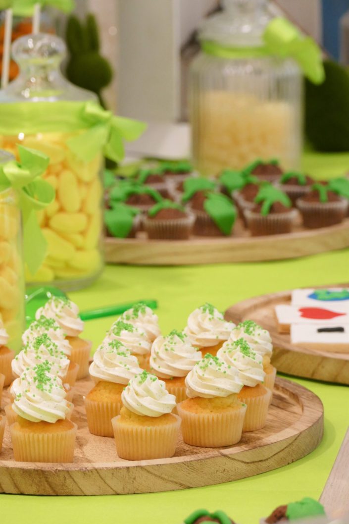Sweet table - Candy bar - bar a bonbons et patisseries par Studio Candy pour l'Oréal sur le thème développement durable - cupcakes plantes, cake pops verts, sablés décorés personnalisés