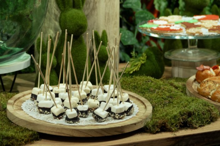 Sweet table nature, green, végétale pour la journée presse de Vulli. Décoration plantes, mousse, feuilles, bois et pâtisseries/ sablés décorés renard, ours, lapin, arbre