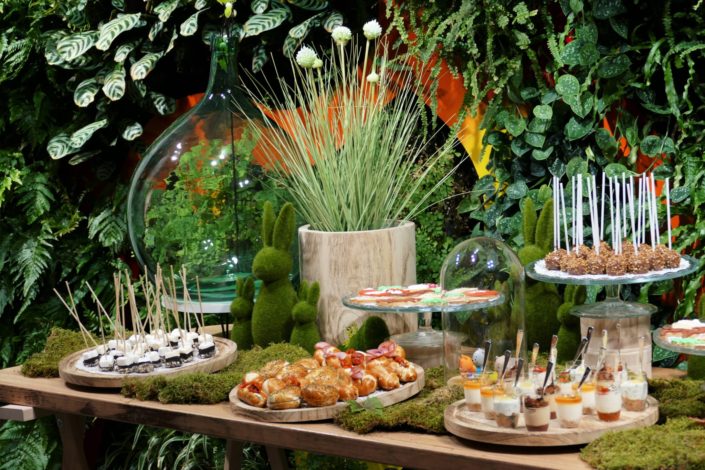 Sweet table nature, green, végétale pour la journée presse de Vulli. Décoration plantes, mousse, feuilles, bois et pâtisseries/ sablés décorés renard, ours, lapin, arbre