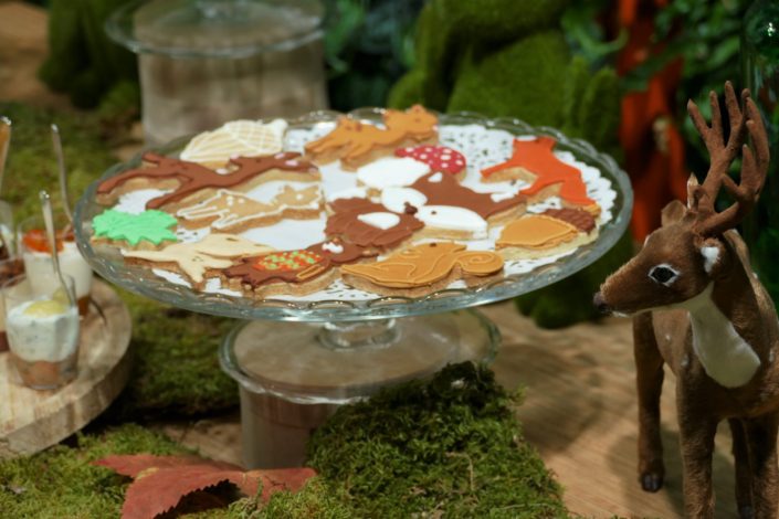 Sweet table nature, green, végétale pour la journée presse de Vulli. Décoration plantes, mousse, feuilles, bois et pâtisseries/ sablés décorés renard, ours, lapin, arbre