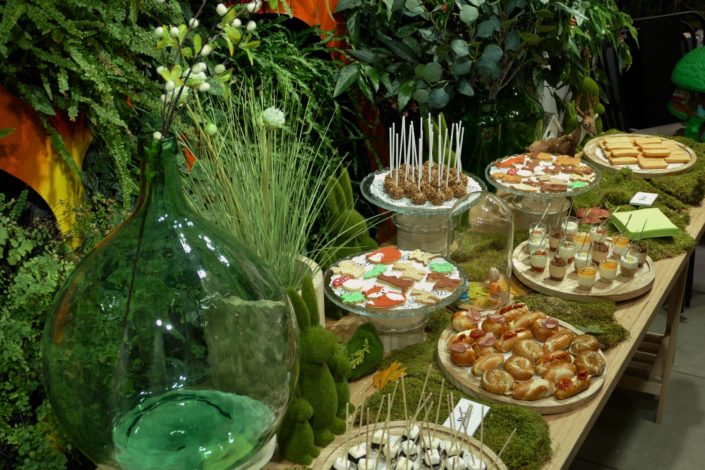 Sweet table nature, green, végétale pour la journée presse de Vulli. Décoration plantes, mousse, feuilles, bois et pâtisseries/ sablés décorés renard, ours, lapin, arbre