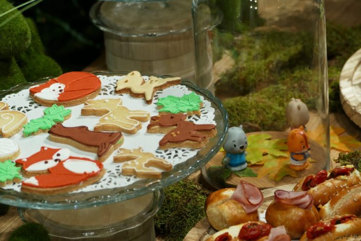 Sweet table nature, green, végétale pour la journée presse de Vulli. Décoration plantes, mousse, feuilles, bois et pâtisseries/ sablés décorés renard, ours, lapin, arbre