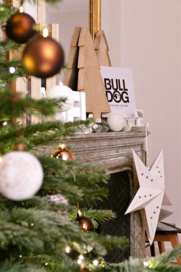 Scénographie, décoration de Noël pour la marque Bulldog par Studio Candy - sapin, table branche de sapin et pomme de pin, cheminée décorée