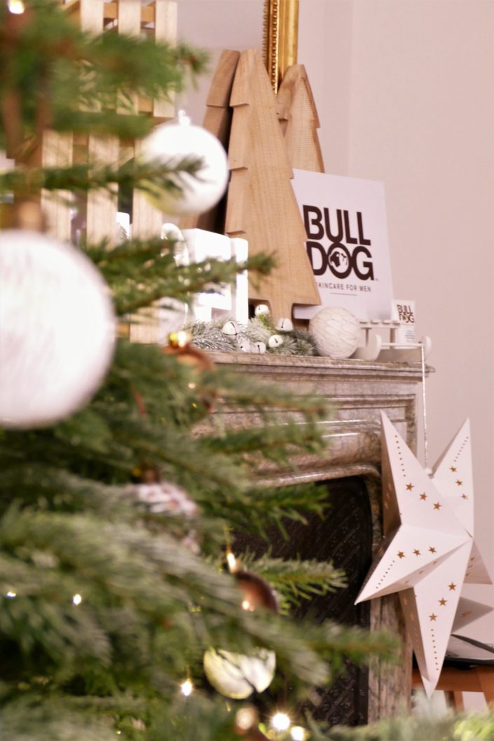 Scénographie, décoration de Noël pour la marque Bulldog par Studio Candy - sapin, table branche de sapin et pomme de pin, cheminée décorée