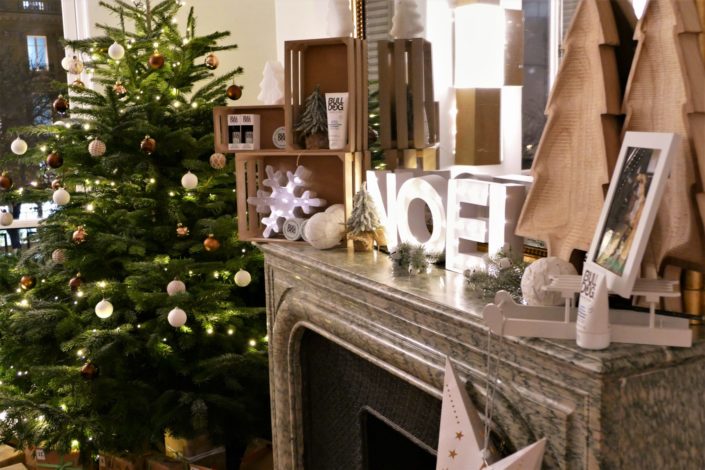 Scénographie, décoration de Noël pour la marque Bulldog par Studio Candy - sapin, table branche de sapin et pomme de pin, cheminée décorée