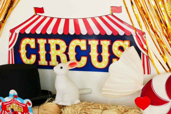 goûter candy bar family day thème cirque avec décoration, cake pops, sablés décorés, lion, chapiteau, chapeau de magicien, lapin, bonbons