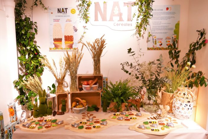 petit déjeuner nature pour la nouvelle gamme de céréales Nestlé Nat - sablés décorés raton laveur, renard, abeille, fruits frais, décoration fleurs séchées, avoine et blé