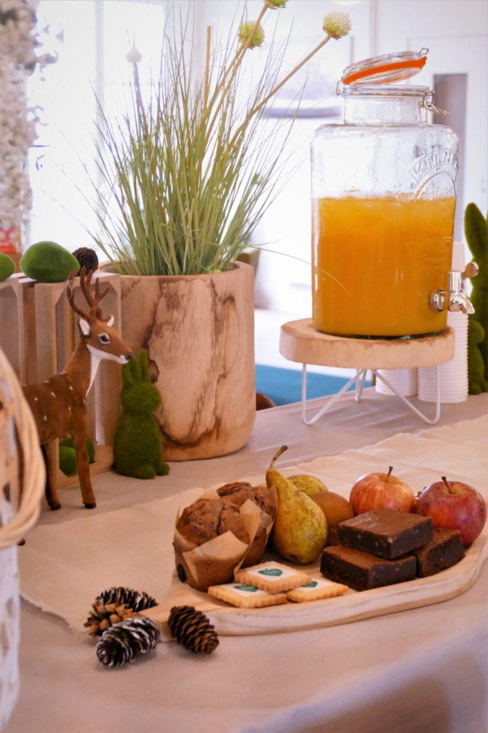Petit déjeuner nature pour le lancement de la gamme de jouets Clementoni - brownie au noix, fruits frais, sablés décorés, muffins myrtille - décoration eucalyptus, lapins en mousse, pommes de pin, lin froissé beige