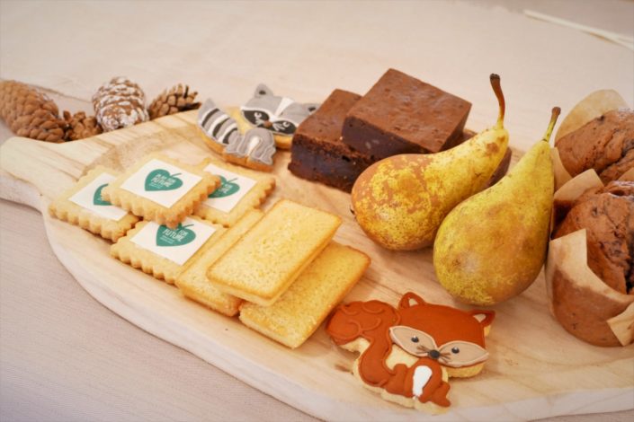Petit déjeuner nature pour le lancement de la gamme de jouets Clementoni - brownie au noix, fruits frais, sablés décorés, muffins myrtille - décoration eucalyptus, lapins en mousse, pommes de pin, lin froissé beige