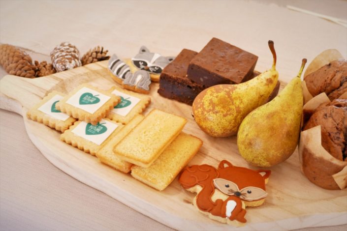 Petit déjeuner nature pour le lancement de la gamme de jouets Clementoni - brownie au noix, fruits frais, sablés décorés, muffins myrtille - décoration eucalyptus, lapins en mousse, pommes de pin, lin froissé beige