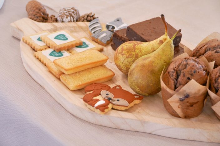 Petit déjeuner nature pour le lancement de la gamme de jouets Clementoni - brownie au noix, fruits frais, sablés décorés, muffins myrtille - décoration eucalyptus, lapins en mousse, pommes de pin, lin froissé beige