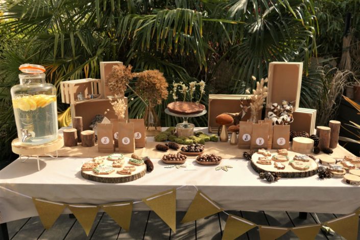 goûter thème forêt avec décoration mousse, bois, champignons et fleurs séchées - sablés décorés animaux, chocolats, gâteau - par Studio Candy