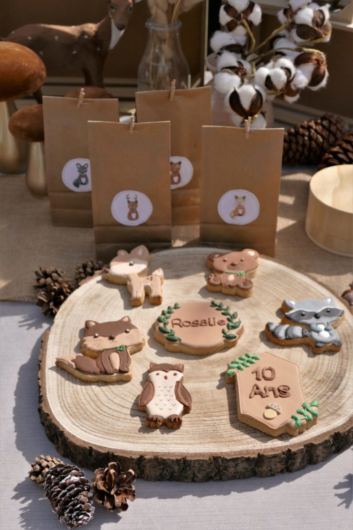 goûter thème forêt avec décoration mousse, bois, champignons et fleurs séchées - sablés décorés animaux, chocolats, gâteau - par Studio Candy