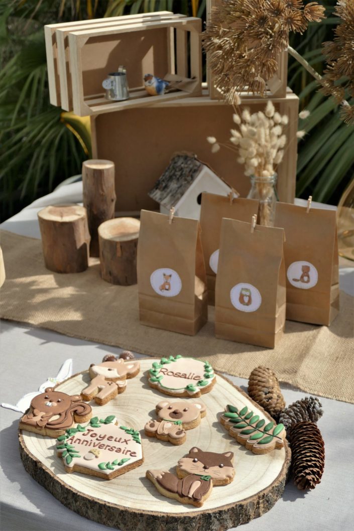 goûter thème forêt avec décoration mousse, bois, champignons et fleurs séchées - sablés décorés animaux, chocolats, gâteau - par Studio Candy