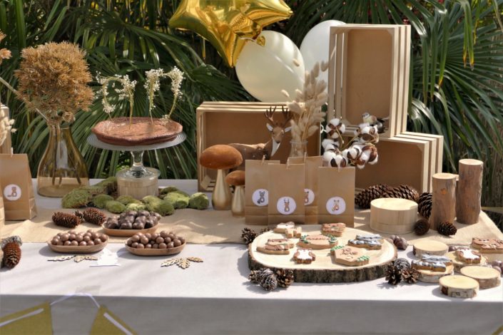 goûter thème forêt avec décoration mousse, bois, champignons et fleurs séchées - sablés décorés animaux, chocolats, gâteau - par Studio Candy