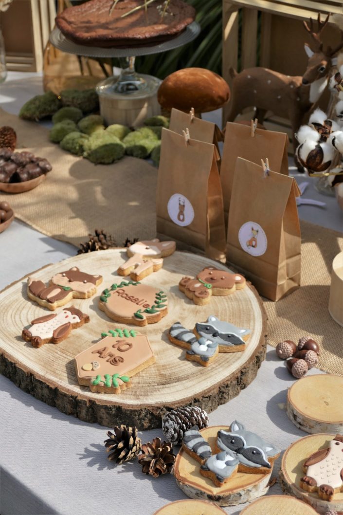 goûter thème forêt avec décoration mousse, bois, champignons et fleurs séchées - sablés décorés animaux, chocolats, gâteau - par Studio Candy