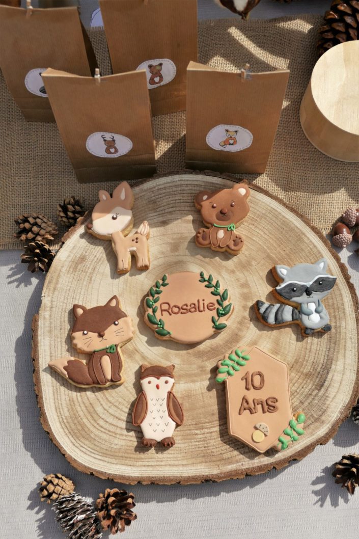 goûter thème forêt avec décoration mousse, bois, champignons et fleurs séchées - sablés décorés animaux, chocolats, gâteau - par Studio Candy