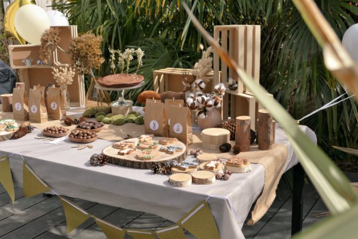 goûter thème forêt avec décoration mousse, bois, champignons et fleurs séchées - sablés décorés animaux, chocolats, gâteau - par Studio Candy