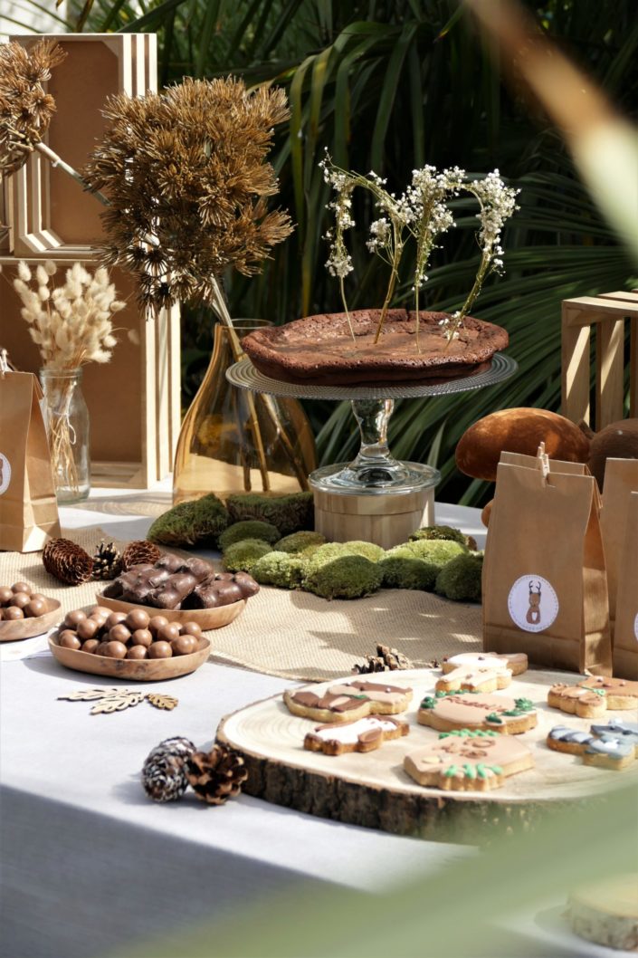 goûter thème forêt avec décoration mousse, bois, champignons et fleurs séchées - sablés décorés animaux, chocolats, gâteau - par Studio Candy