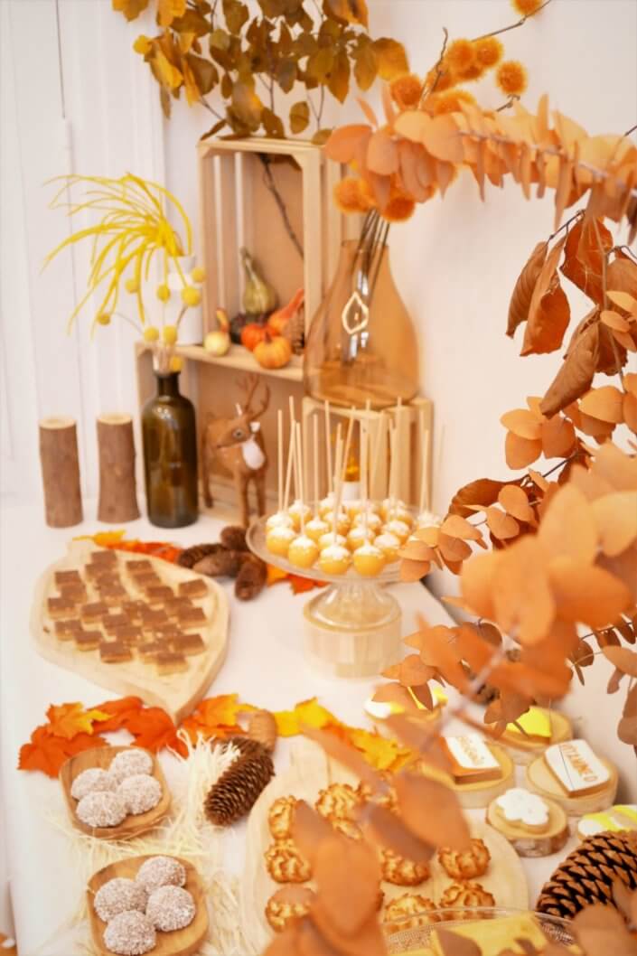 Goûter d'automne dressé pour l'événement influenceurs Biogaia avec une décoration florale automnale, des sablés décorés, des boules coco, des financiers, des cakepops, des rochers coco, ....