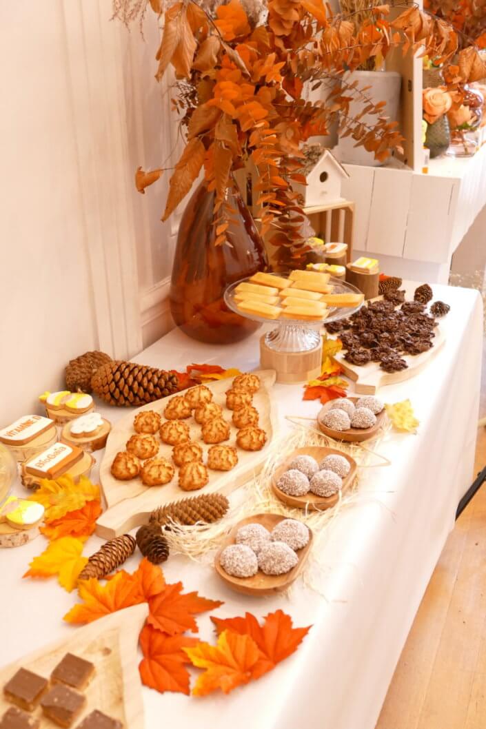 Goûter d'automne dressé pour l'événement influenceurs Biogaia avec une décoration florale automnale, des sablés décorés, des boules coco, des financiers, des cakepops, des rochers coco, ....