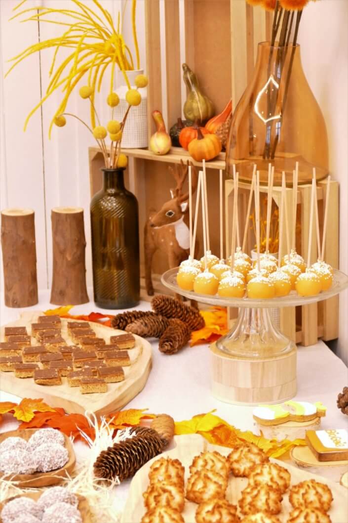 Goûter d'automne dressé pour l'événement influenceurs Biogaia avec une décoration florale automnale, des sablés décorés, des boules coco, des financiers, des cakepops, des rochers coco, ....