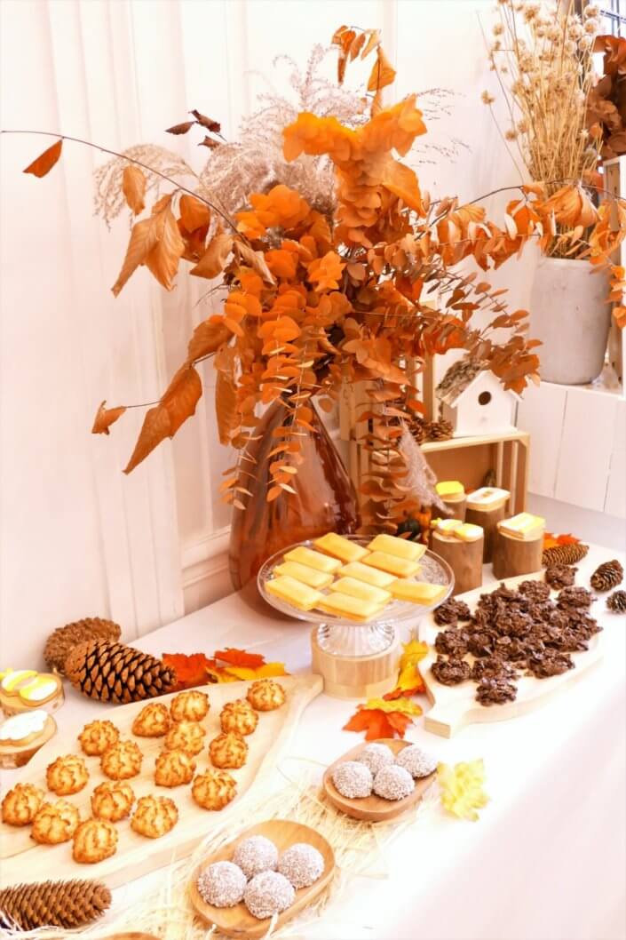 Goûter d'automne dressé pour l'événement influenceurs Biogaia avec une décoration florale automnale, des sablés décorés, des boules coco, des financiers, des cakepops, des rochers coco, ....