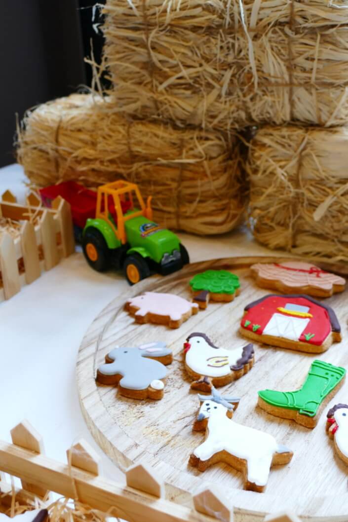 Goûter thème campagne/ferme avec des sablés décorés animaux comme des poules, des lapins, chèvres, cochons et biensur une ferme, un tracteur, des bottes