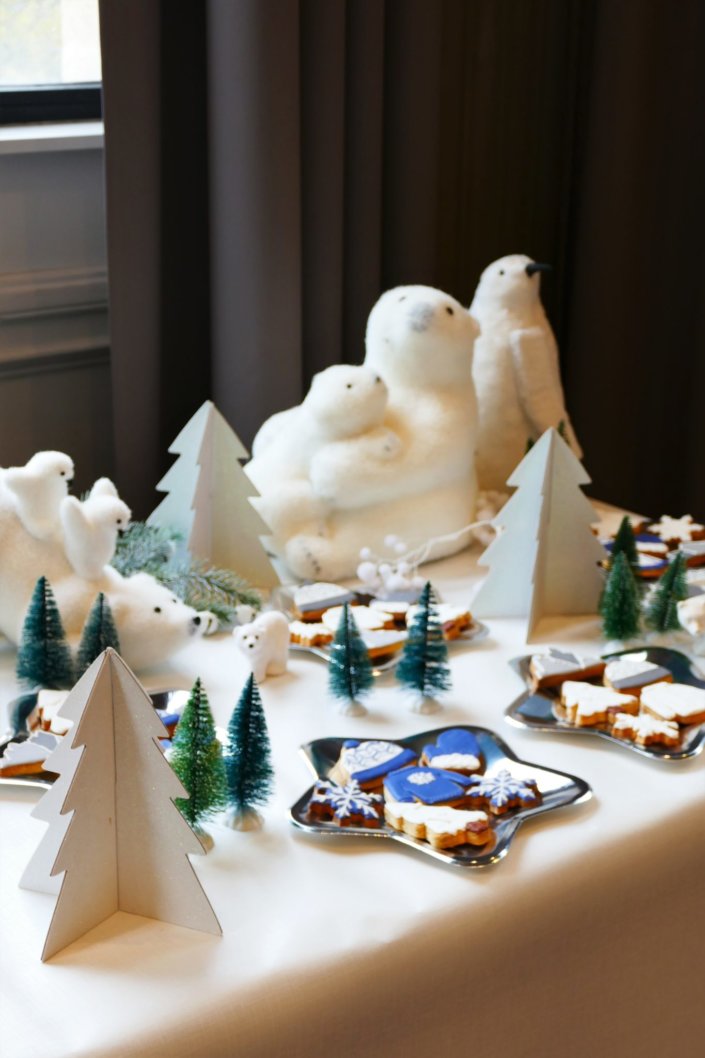 Goûter thème montagne en hiver avec des sablés décorés pull, bonnet, moufle, montagne, sapin et flocon. Décoration avec des ours polaire, des sapins et pingouins.