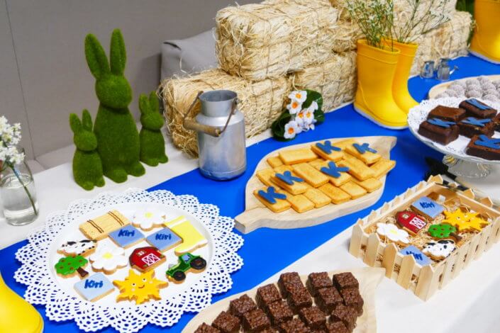 Table décorée pour Kiri avec petits sablés sur mesure : ferme, botte de foin, tracteur, vache, financiers, mini cannelés, brownie chocolat et bar à pain pour se tartiner son kiri ! Décoration champêtre enfantine avec de petites bottes fleuries, des fleurs des champs, des bottes de foin.