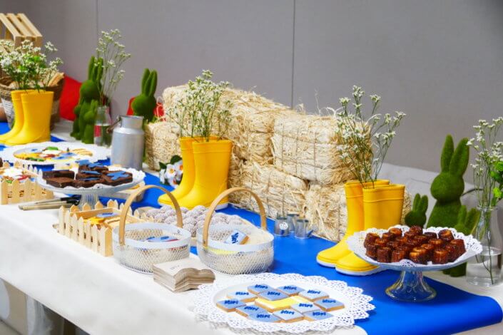 Table décorée pour Kiri avec petits sablés sur mesure : ferme, botte de foin, tracteur, vache, financiers, mini cannelés, brownie chocolat et bar à pain pour se tartiner son kiri ! Décoration champêtre enfantine avec de petites bottes fleuries, des fleurs des champs, des bottes de foin.