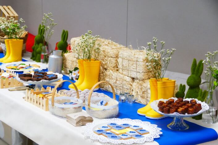 Table décorée pour Kiri avec petits sablés sur mesure : ferme, botte de foin, tracteur, vache, financiers, mini cannelés, brownie chocolat et bar à pain pour se tartiner son kiri ! Décoration champêtre enfantine avec de petites bottes fleuries, des fleurs des champs, des bottes de foin.