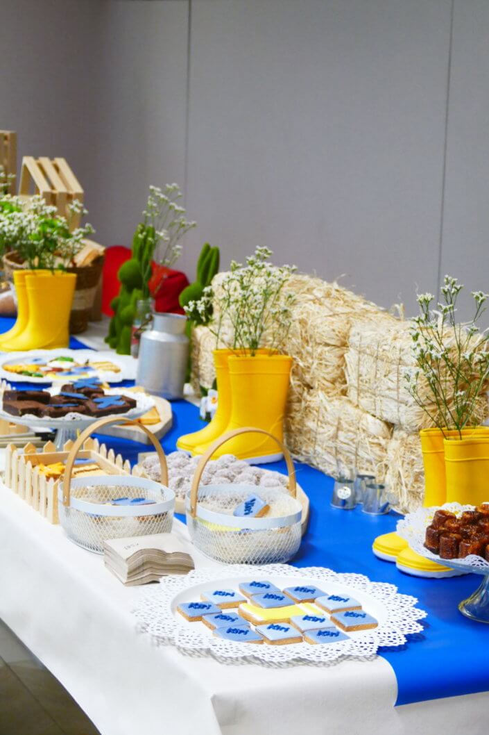 Table décorée pour Kiri avec petits sablés sur mesure : ferme, botte de foin, tracteur, vache, financiers, mini cannelés, brownie chocolat et bar à pain pour se tartiner son kiri ! Décoration champêtre enfantine avec de petites bottes fleuries, des fleurs des champs, des bottes de foin.