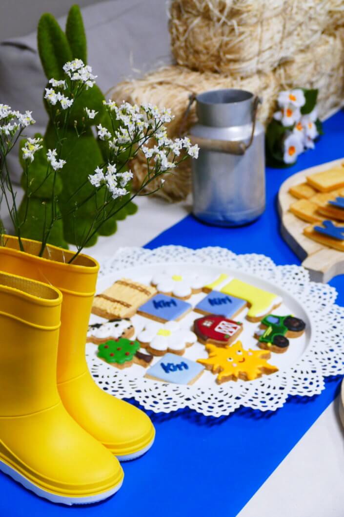 Table décorée pour Kiri avec petits sablés sur mesure : ferme, botte de foin, tracteur, vache, financiers, mini cannelés, brownie chocolat et bar à pain pour se tartiner son kiri ! Décoration champêtre enfantine avec de petites bottes fleuries, des fleurs des champs, des bottes de foin.