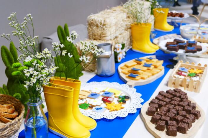 Table décorée pour Kiri avec petits sablés sur mesure : ferme, botte de foin, tracteur, vache, financiers, mini cannelés, brownie chocolat et bar à pain pour se tartiner son kiri ! Décoration champêtre enfantine avec de petites bottes fleuries, des fleurs des champs, des bottes de foin.