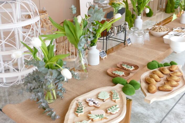 Journée presse Noreva avec une table nature et printanière par Studio Candy avec sablés décorés feuillage, financier, brownie aux noix, granola, verrines, brochettes de fruits et crudités, grazing cônes et décoration green nature de tulipe, eucalyptus et fleurs fraîches